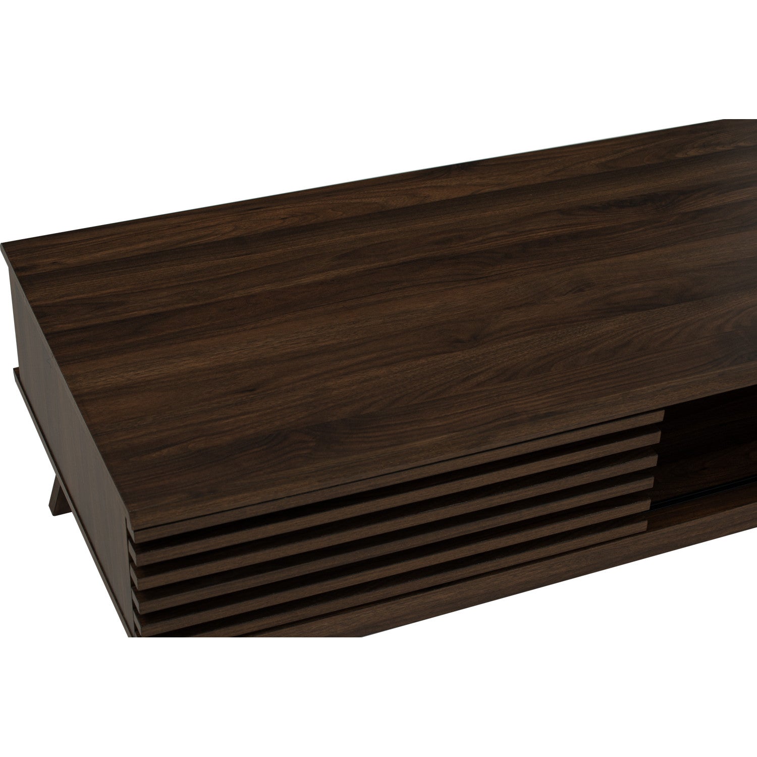 Dark brown wood TV stand or console table with a slatted front detail and open shelf, shown on a white background.