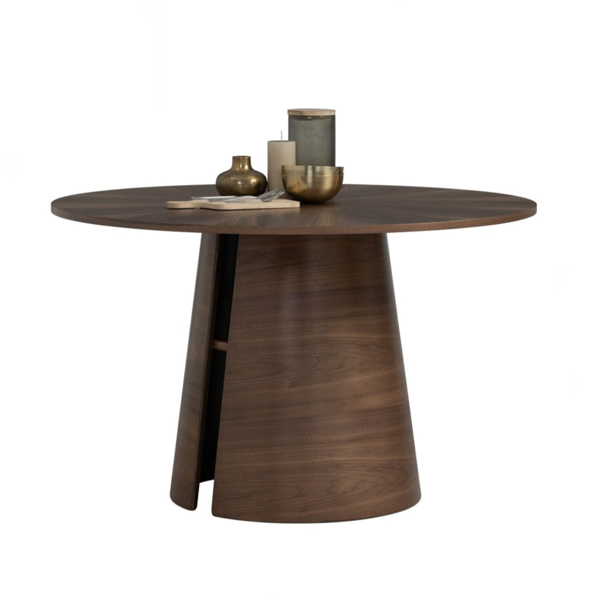 Wooden side table with decorative items on a white background
