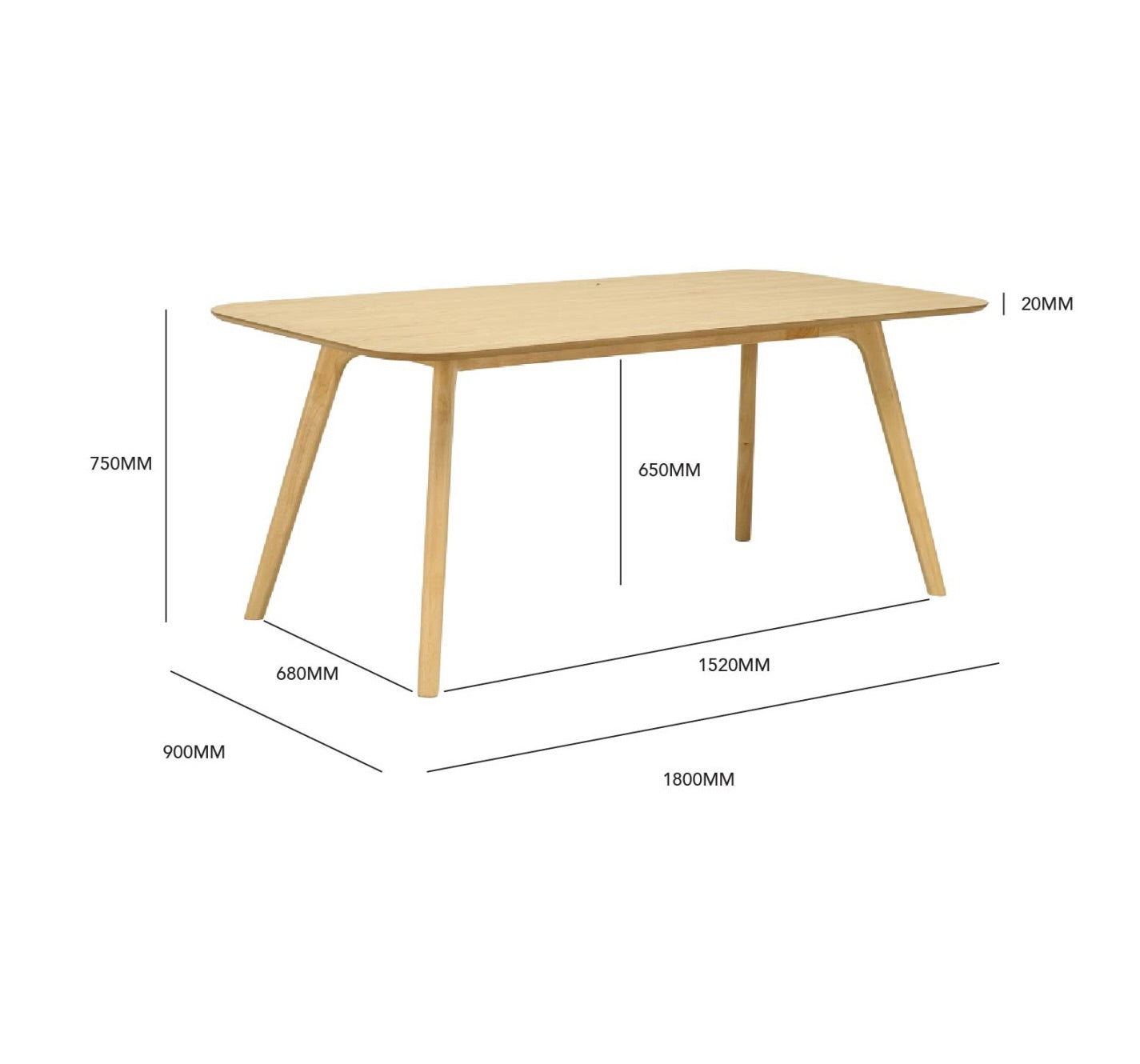 A light natural wood dining table shown on a white background with dimension lines and labels indicating width, depth, height, and leg angle measurements.