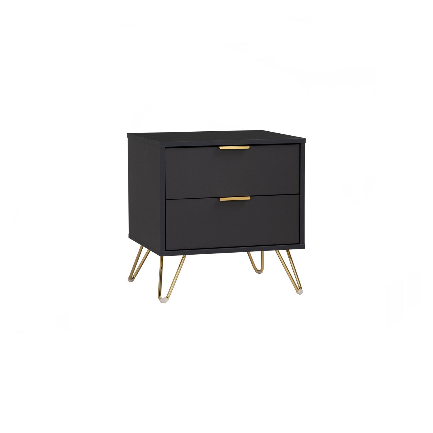 Black nightstand with gold legs and handles on a white background