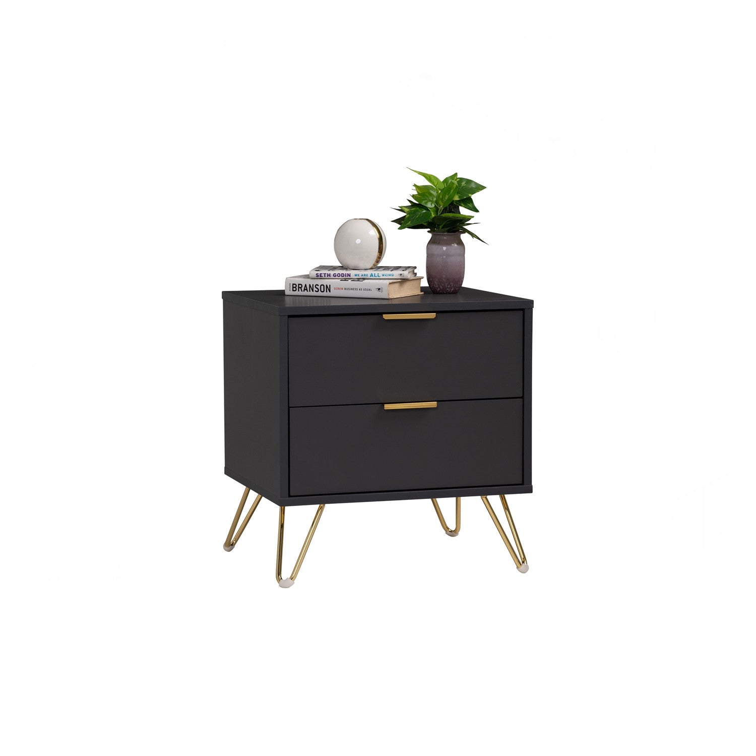 Black nightstand with gold legs and handles on a white background