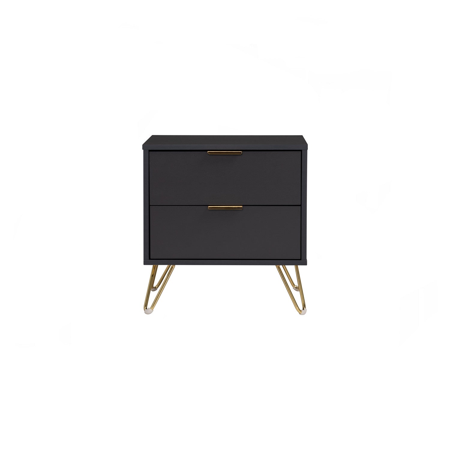 Black nightstand with gold legs and handles on a white background
