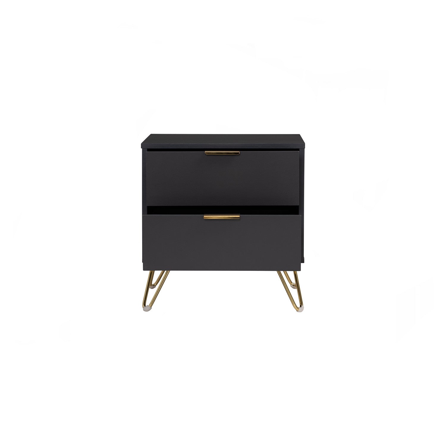 Black nightstand with gold legs on a white background