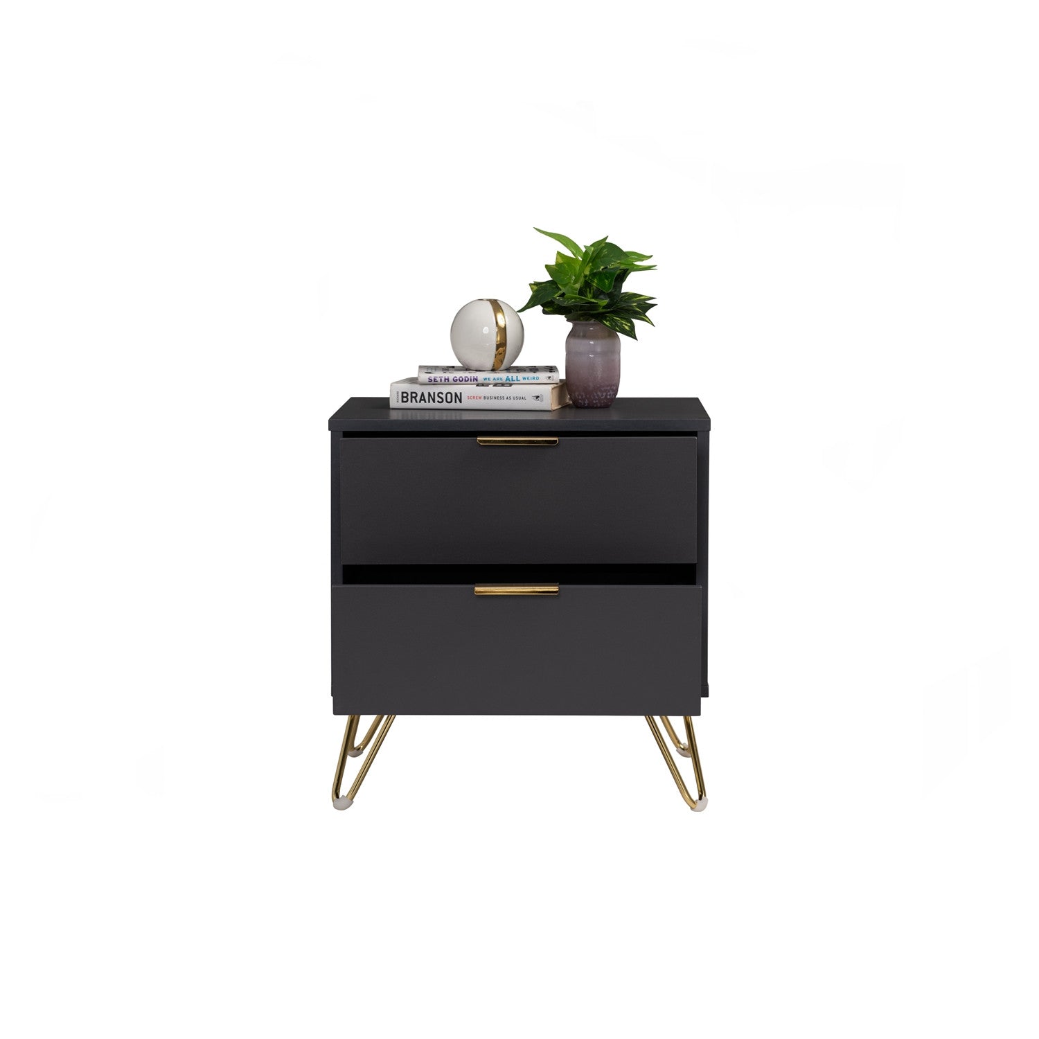 Black nightstand with gold legs and decorative items on a white background
