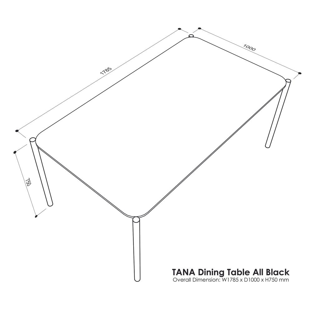 Technical drawing of a TANA Dining Table with dimensions on a white background
