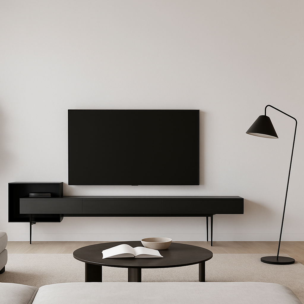 Modern living room with a television mounted on the wall, a sofa, and a coffee table.