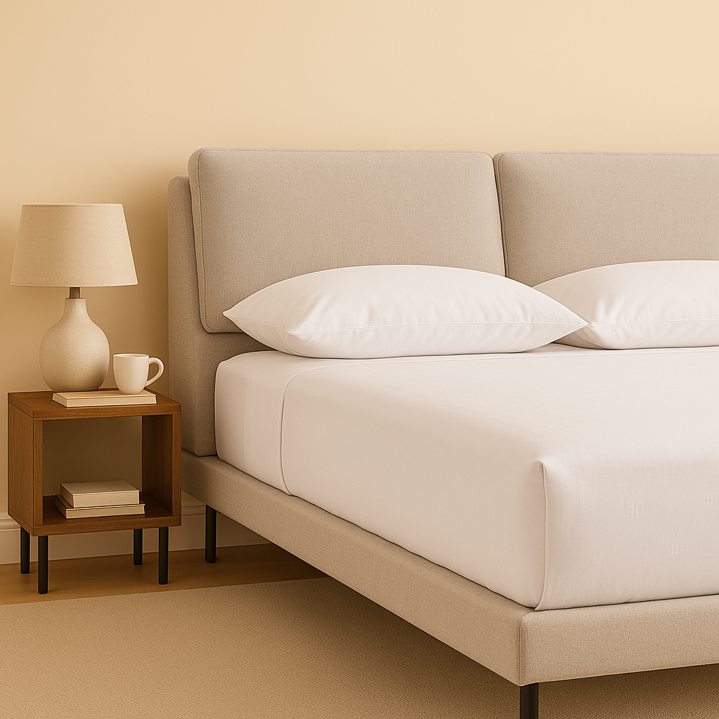 A modern upholstered bed frame in a light beige fabric, shown with white bedding and two pillows, styled in a minimalist bedroom setting with a wooden side table, lamp, and mug against a warm beige wall.
