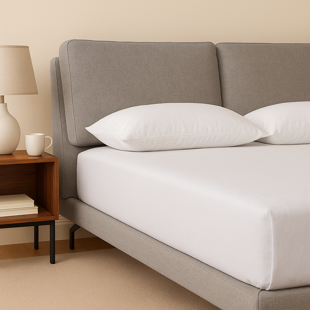 A modern upholstered bed frame in light gray fabric, shown with white bedding and two white pillows in a softly lit bedroom. A wooden side table with a lamp and mug sits beside the bed.