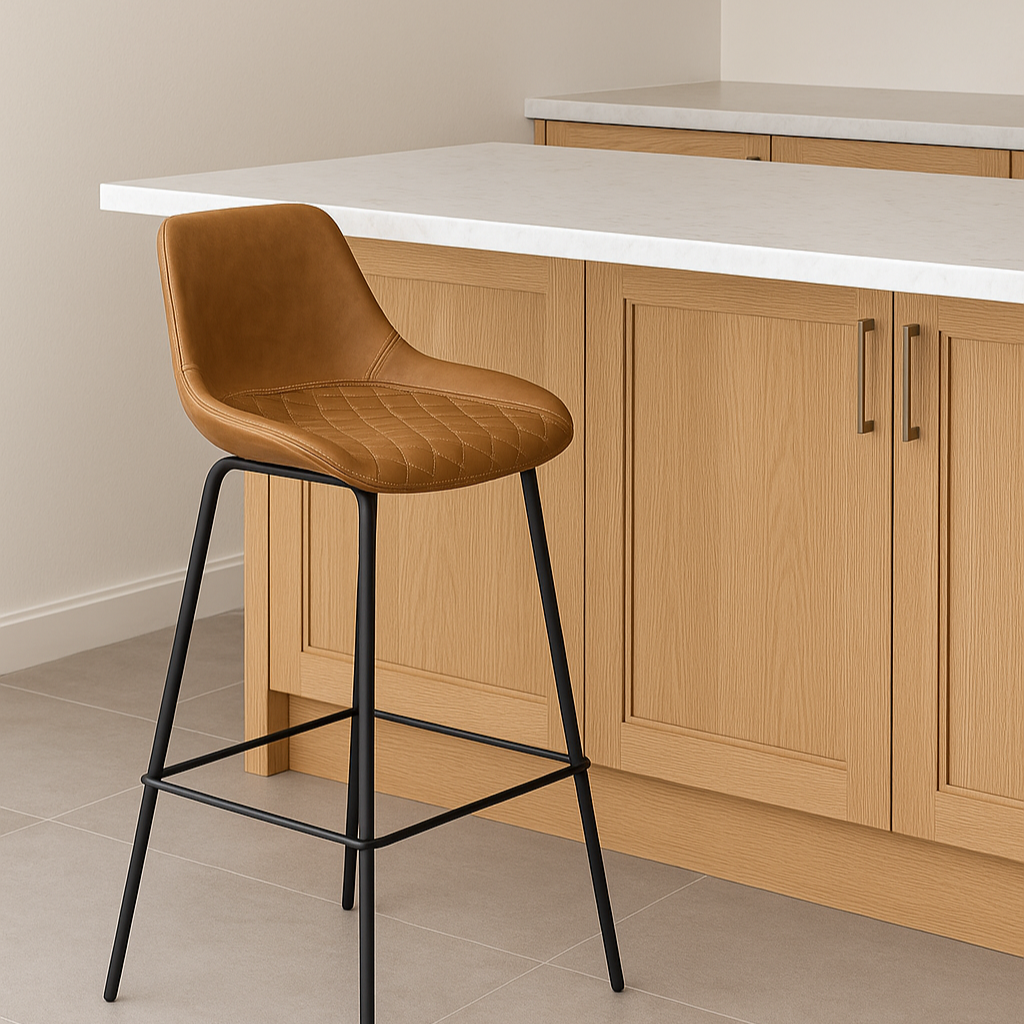 Brown bar stool with black legs in a kitchen setting