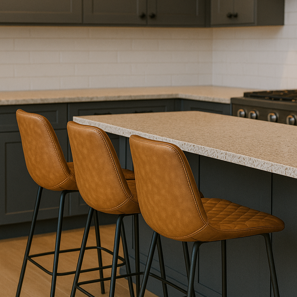 Three brown bar stools with black legs in a kitchen setting.