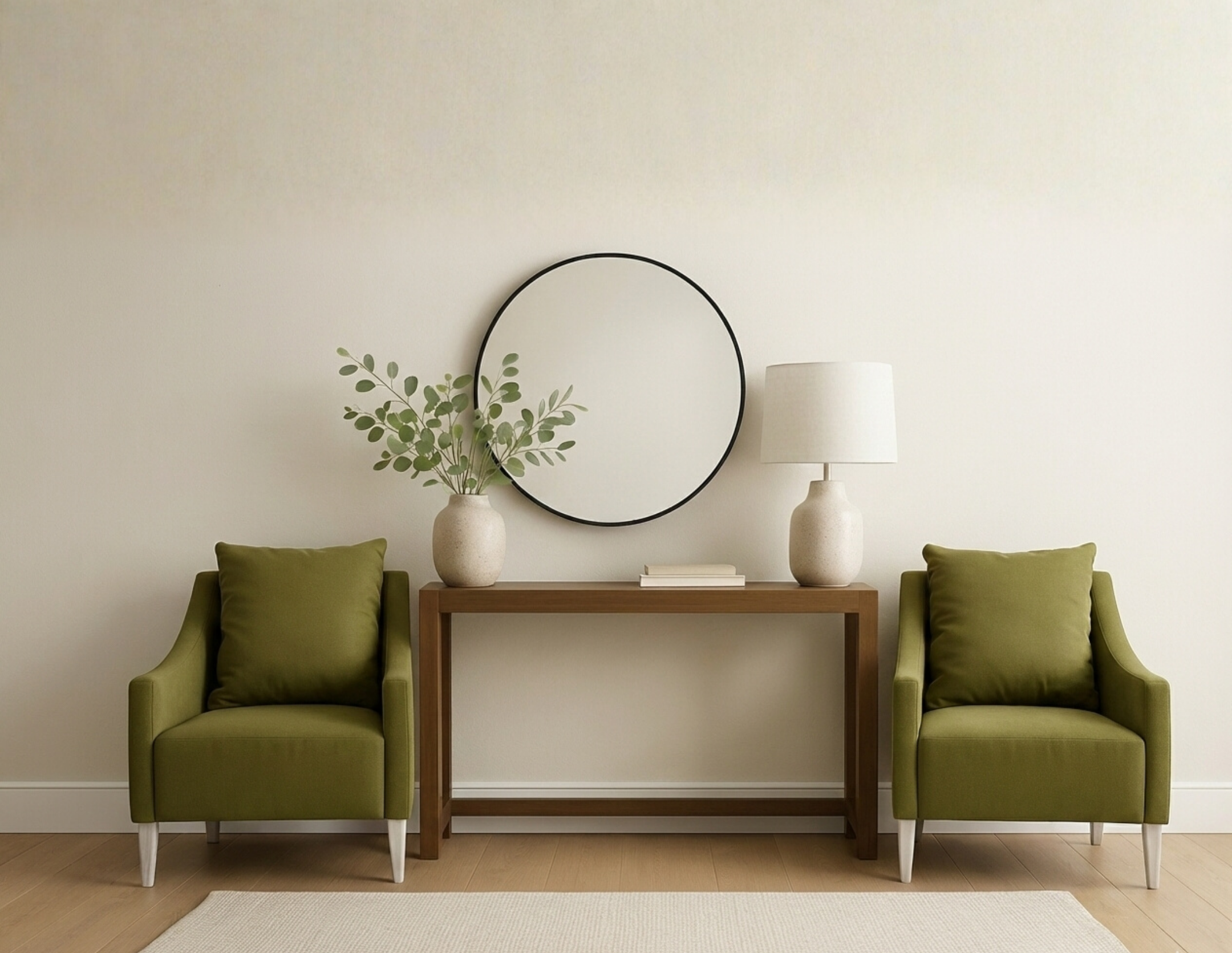 Modern living room with green armchairs, a wooden console table, and decorative items.