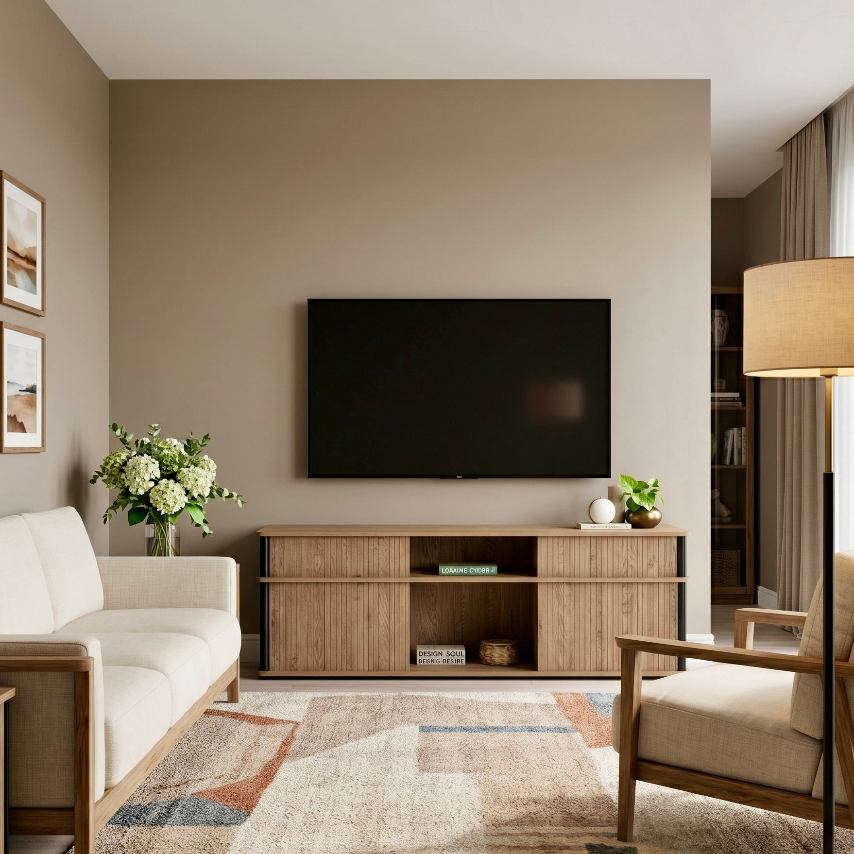 Modern living room with a TV on the wall, sofa, and decorative elements.