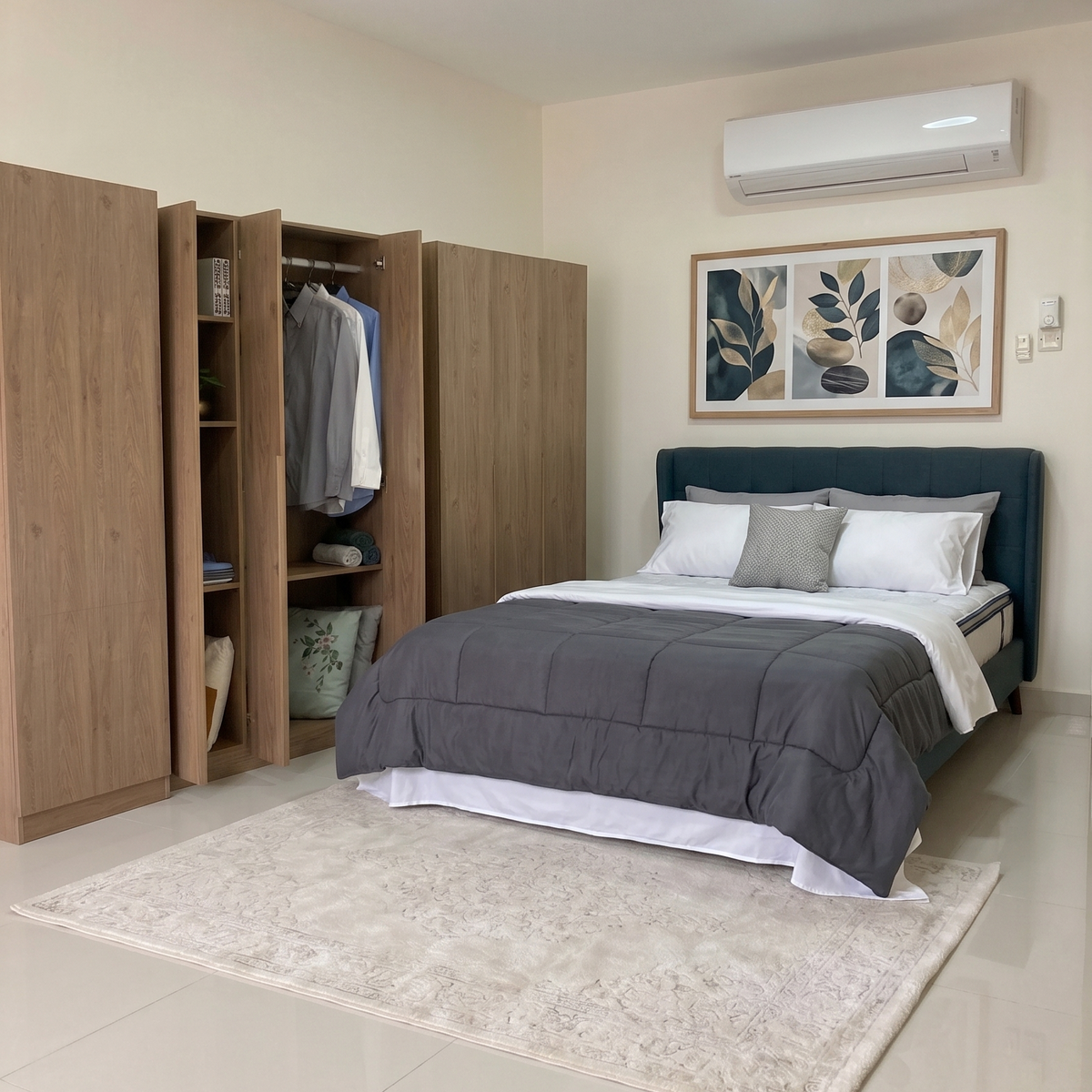 A modern bedroom setup featuring a dark teal upholstered bed headboard, dressed in a gray and white comforter. To the left is a large, open wooden wardrobe with clothes hanging inside.