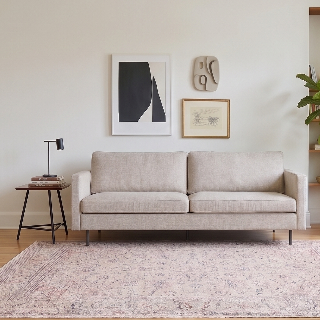 A modern living room featuring a light beige two-seater sofa centered on a pale pink patterned area rug over light wood floors. The room has cream walls, minimalist framed wall art, a small black side table with a lamp, and a tall green potted plant in a terracotta pot.
