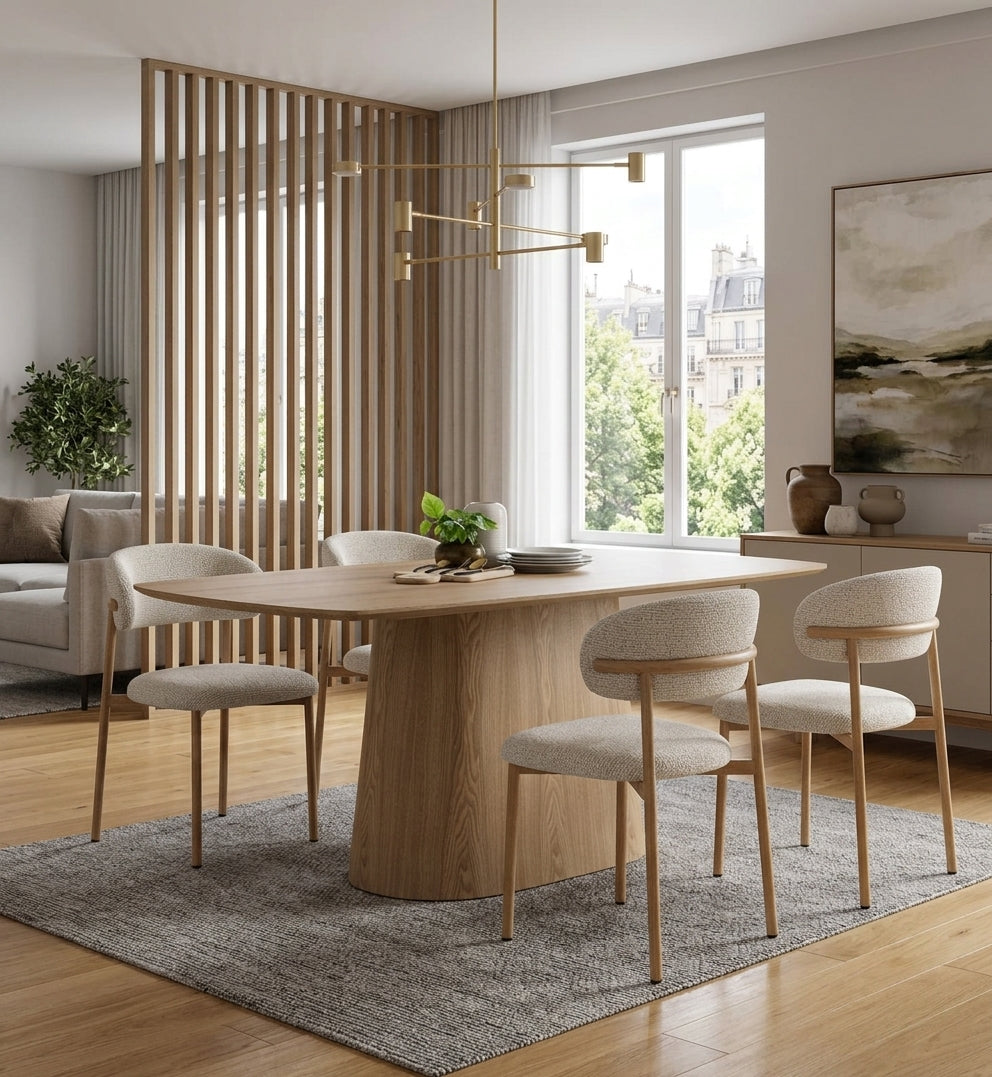 A modern dining room set featuring a round light oak wood table with a thick pedestal base, surrounded by four upholstered dining chairs with light wood frames, set on a gray textured rug in a bright, contemporary room.