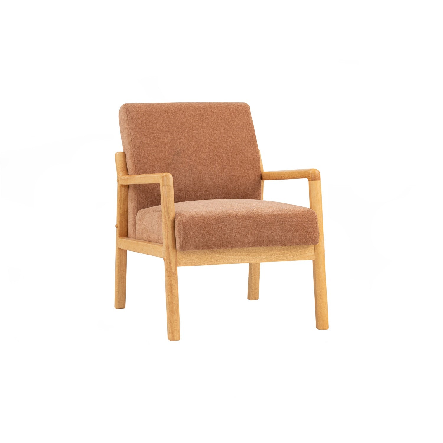 A modern armchair with a light natural wood frame and warm rust-orange upholstered seat and back cushion, shown against a plain white background.