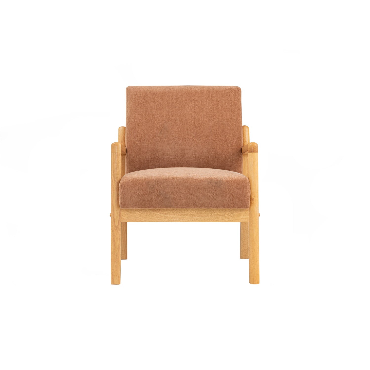 A modern armchair with a light natural wood frame and warm brown-orange upholstered seat and back cushion, shown against a plain white background.