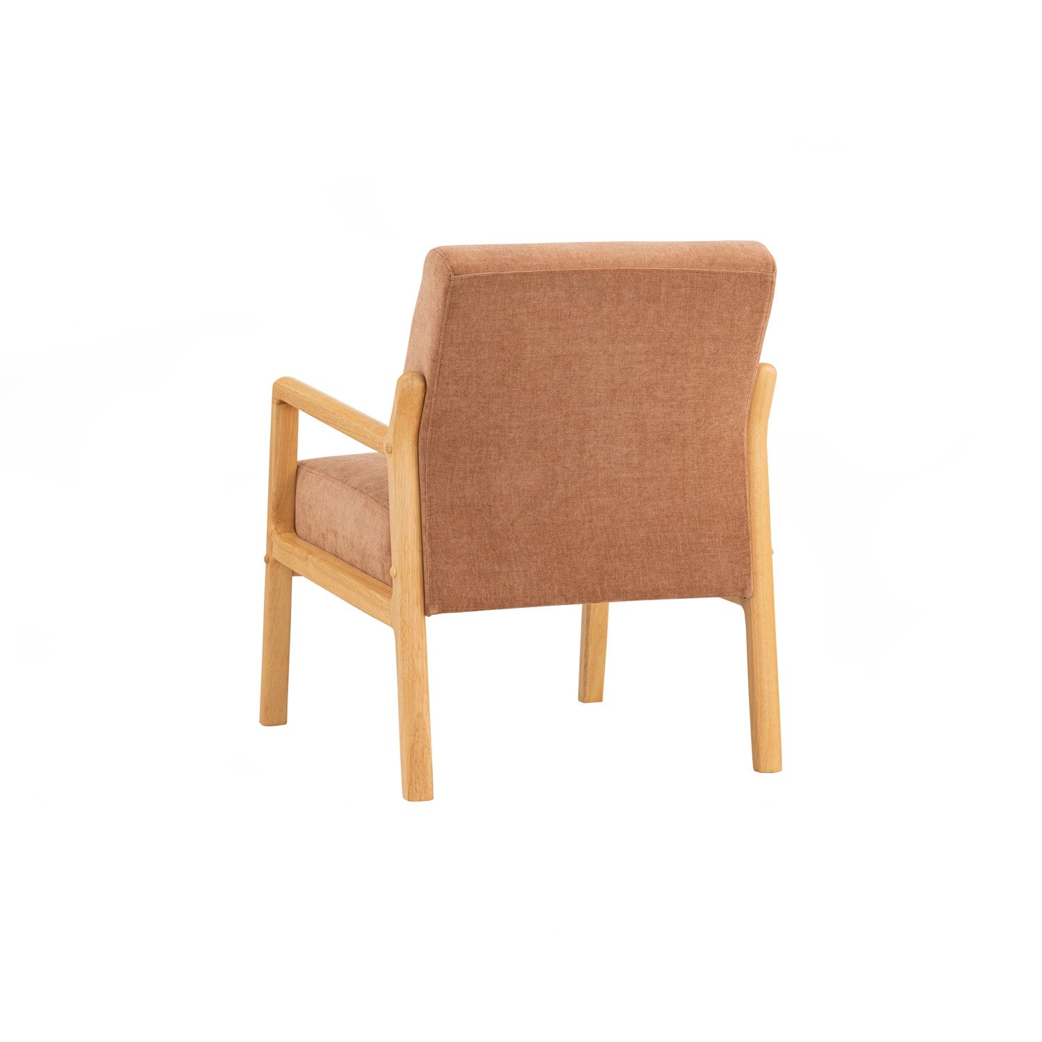A modern armchair with a warm brown textured fabric upholstery and a light natural wood frame, shown from a rear three-quarter angle on a solid white background.