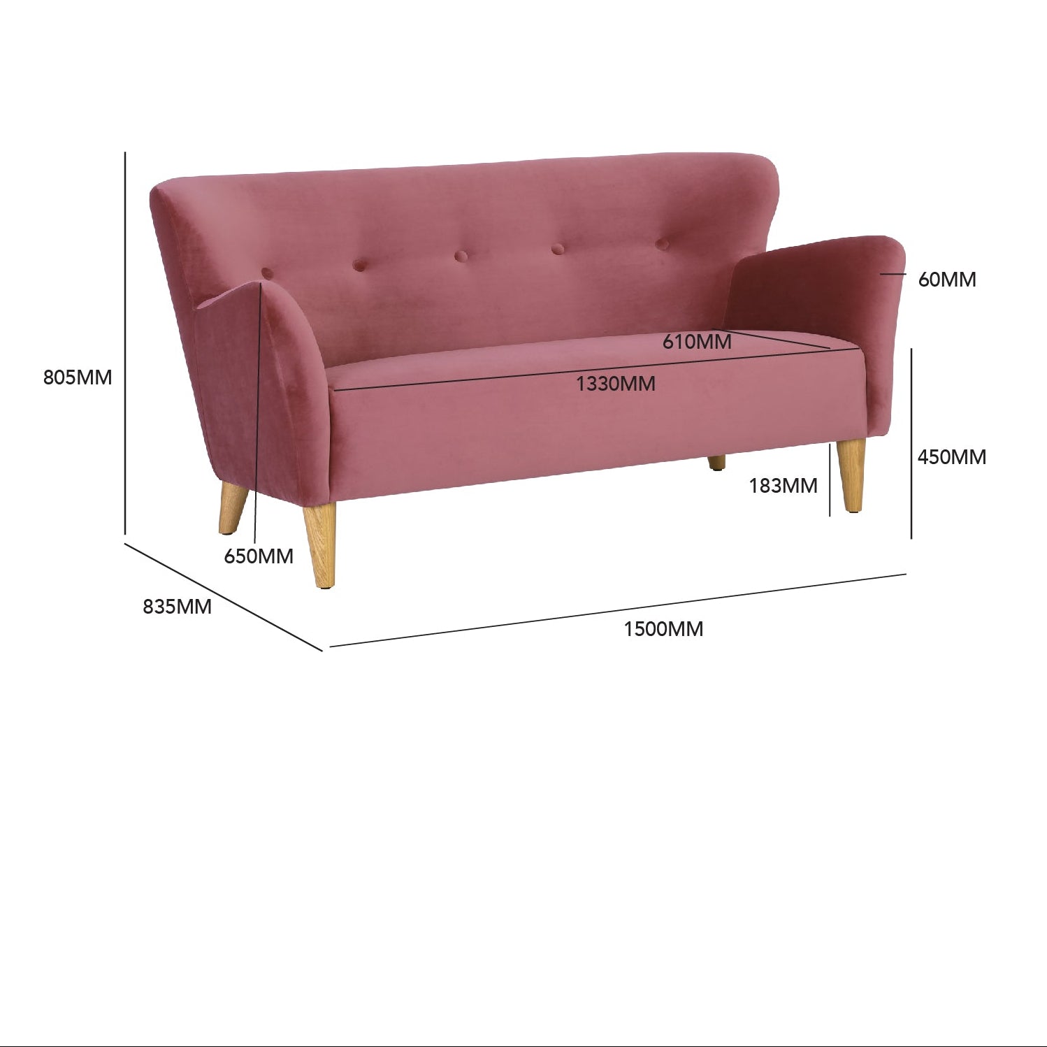 Pink 2-seater sofa with dimensions labeled on a white background