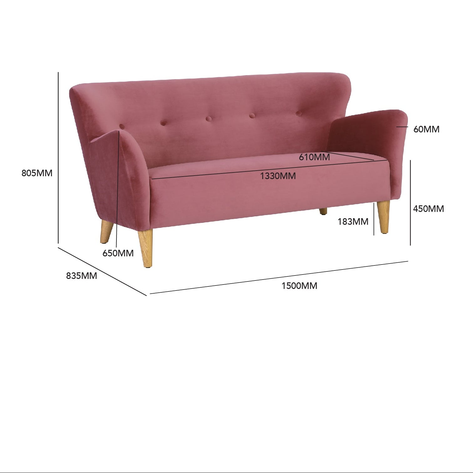 Pink 2-seater sofa with dimensions labeled on a white background