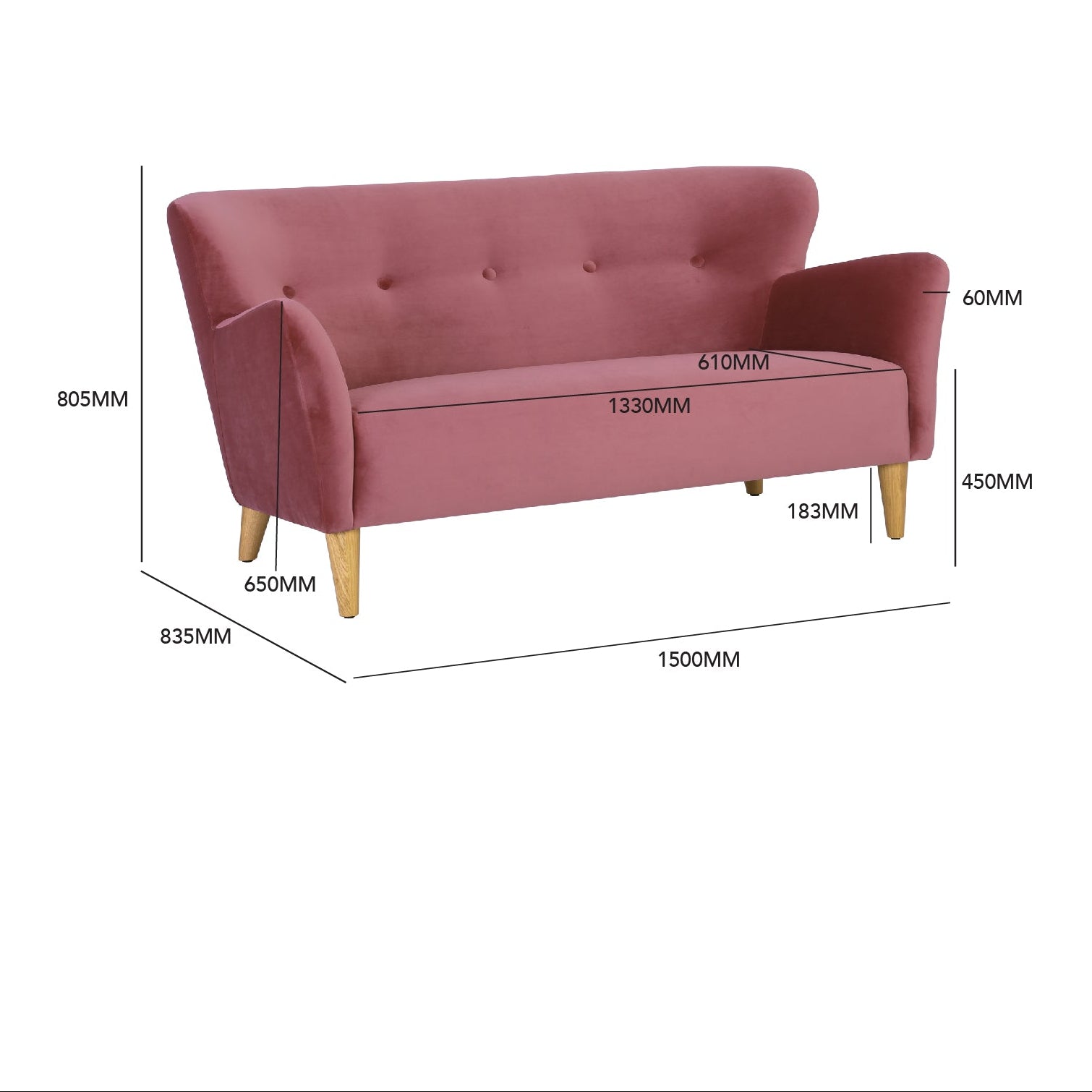 Pink 2-seater sofa with dimensions labeled on a white background