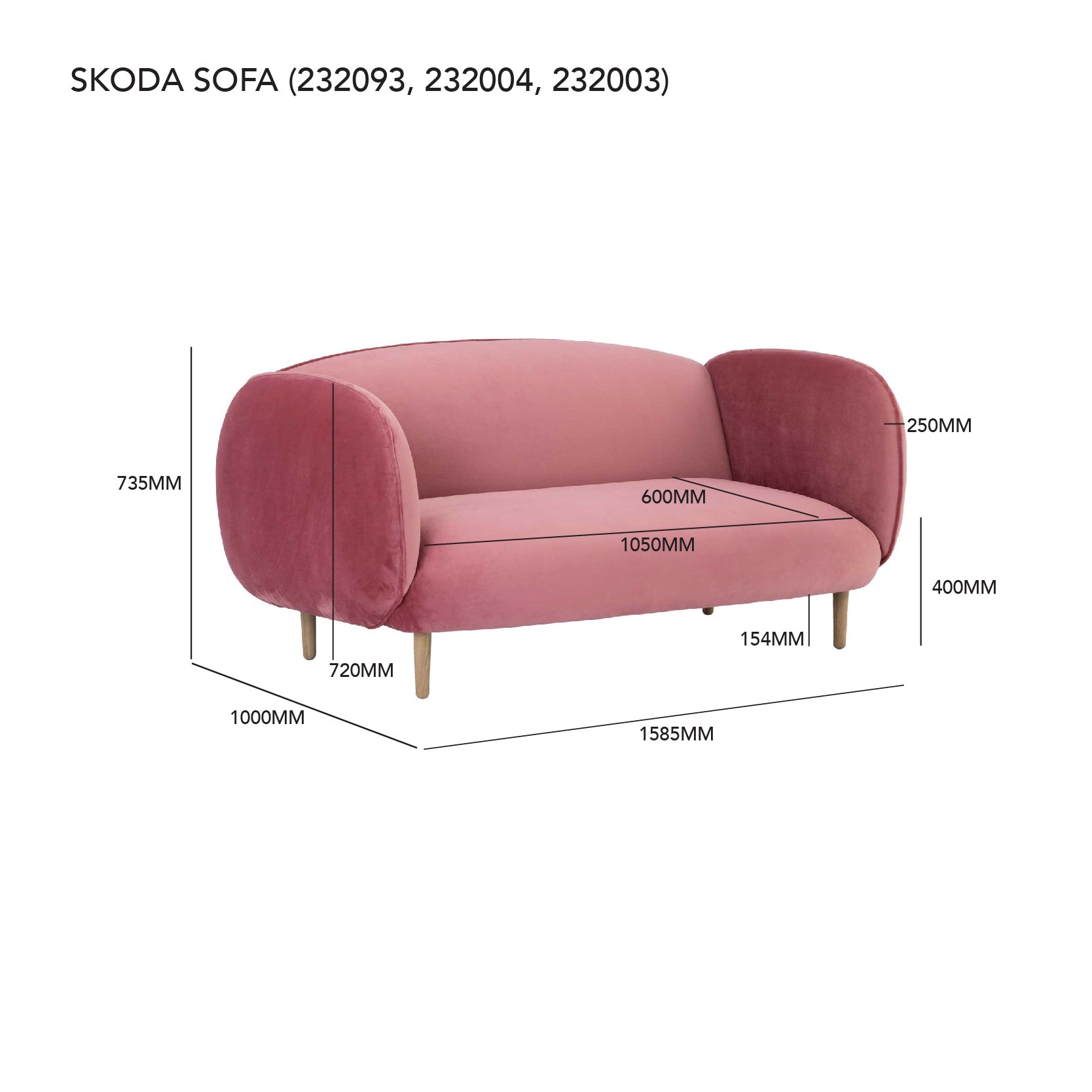 Pink sofa with dimensions labeled on a white background