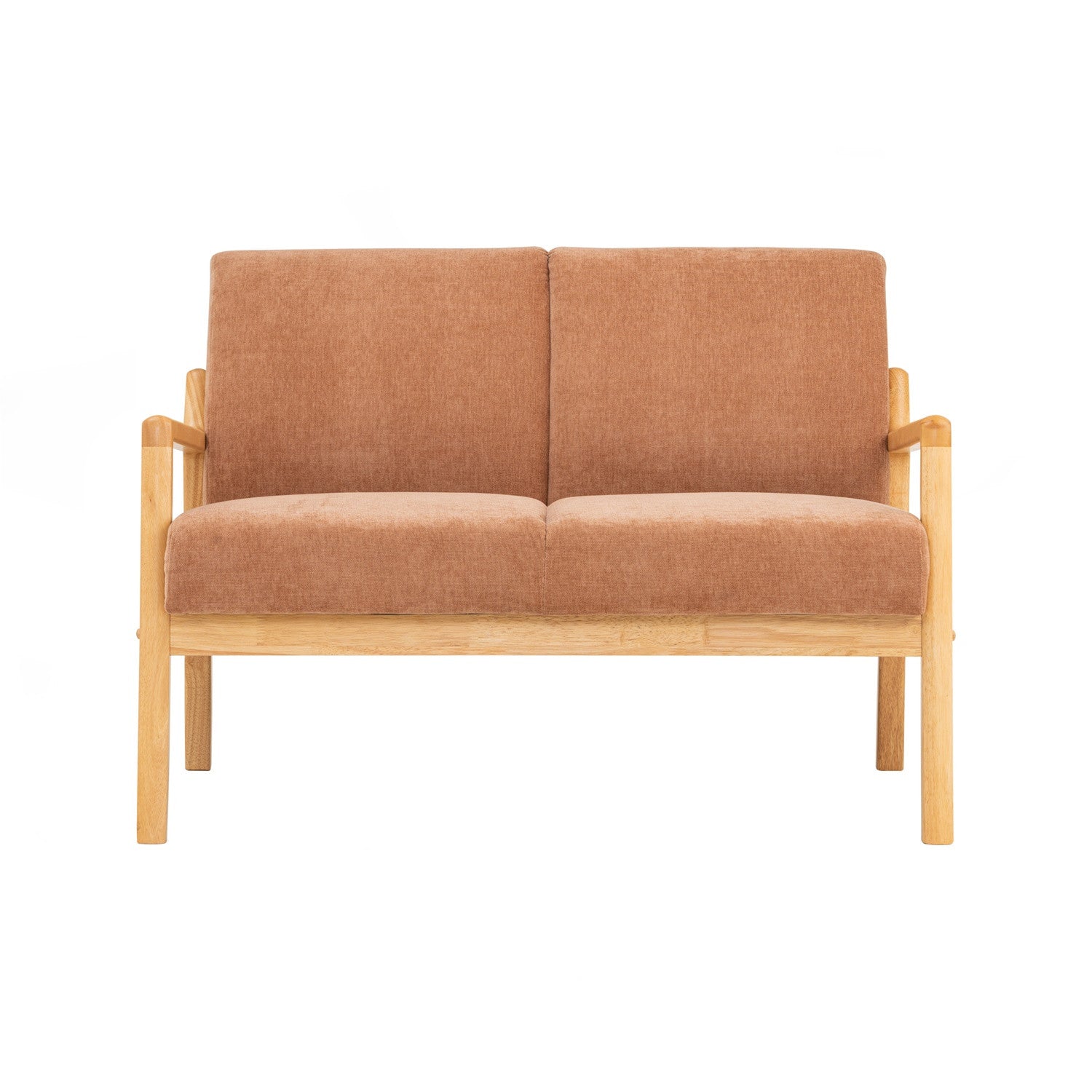 A modern two-seater loveseat sofa with a light natural wood frame and textured rust-orange fabric cushions, shown against a plain white background.
