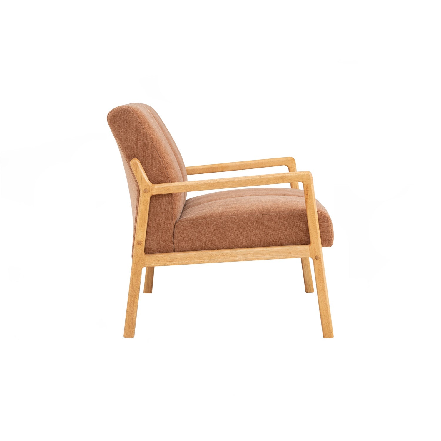 A mid-century modern armchair with a warm brown textured fabric upholstery and a light natural wood frame, shown from a side profile view against a solid white background.
