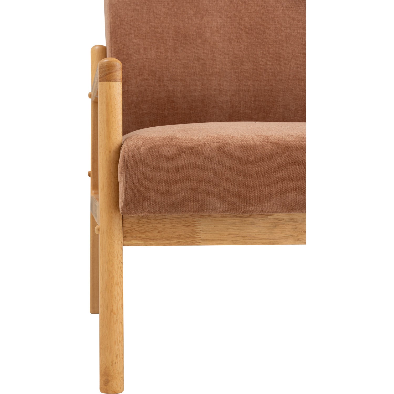 Close-up of a wooden armchair showing the upholstered seat and back in a warm rust-brown fabric, with light natural wood frame and legs on a white background.