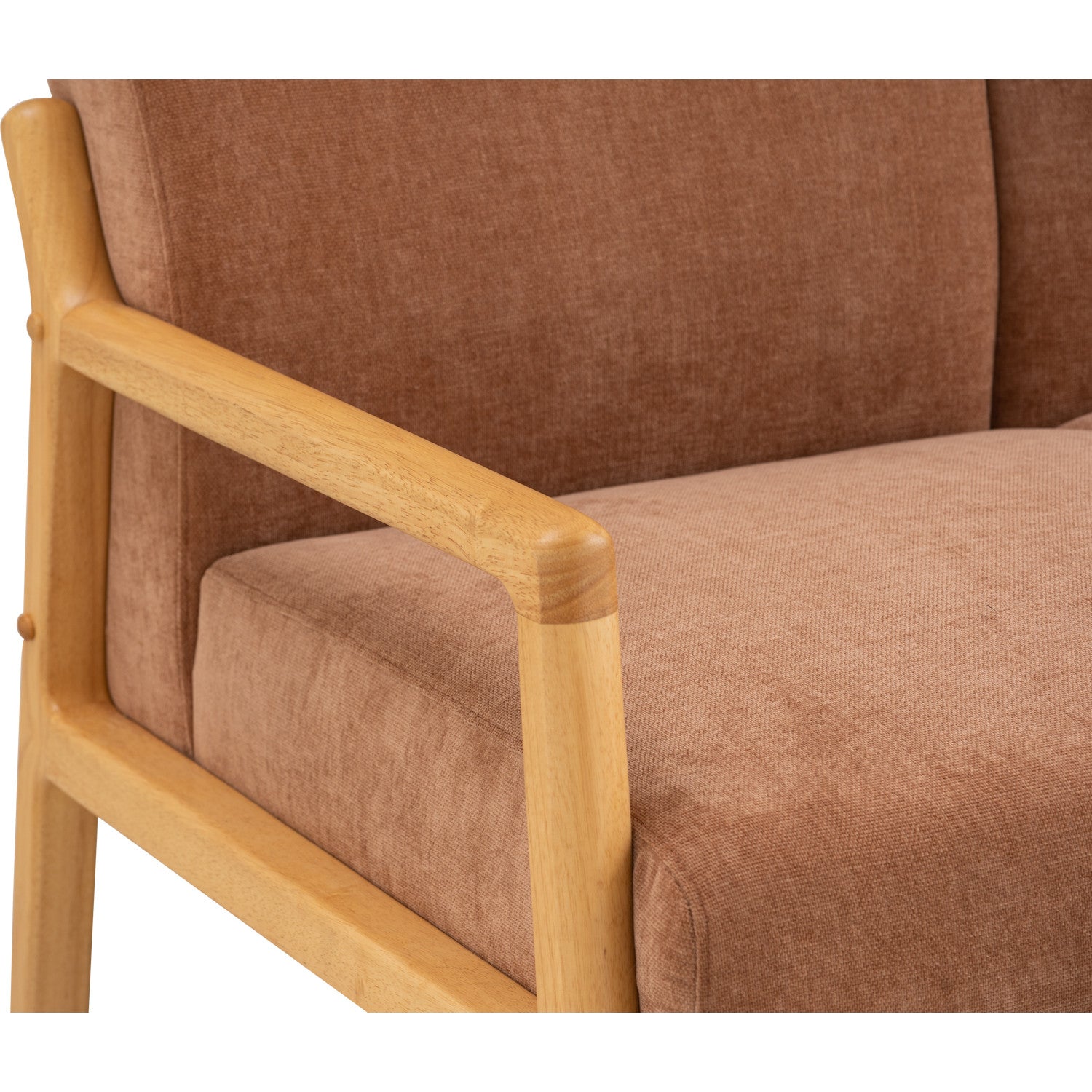 Close-up of a wooden armchair with warm brown textured fabric upholstery, showing the seat cushion, backrest, and light natural wood frame.
