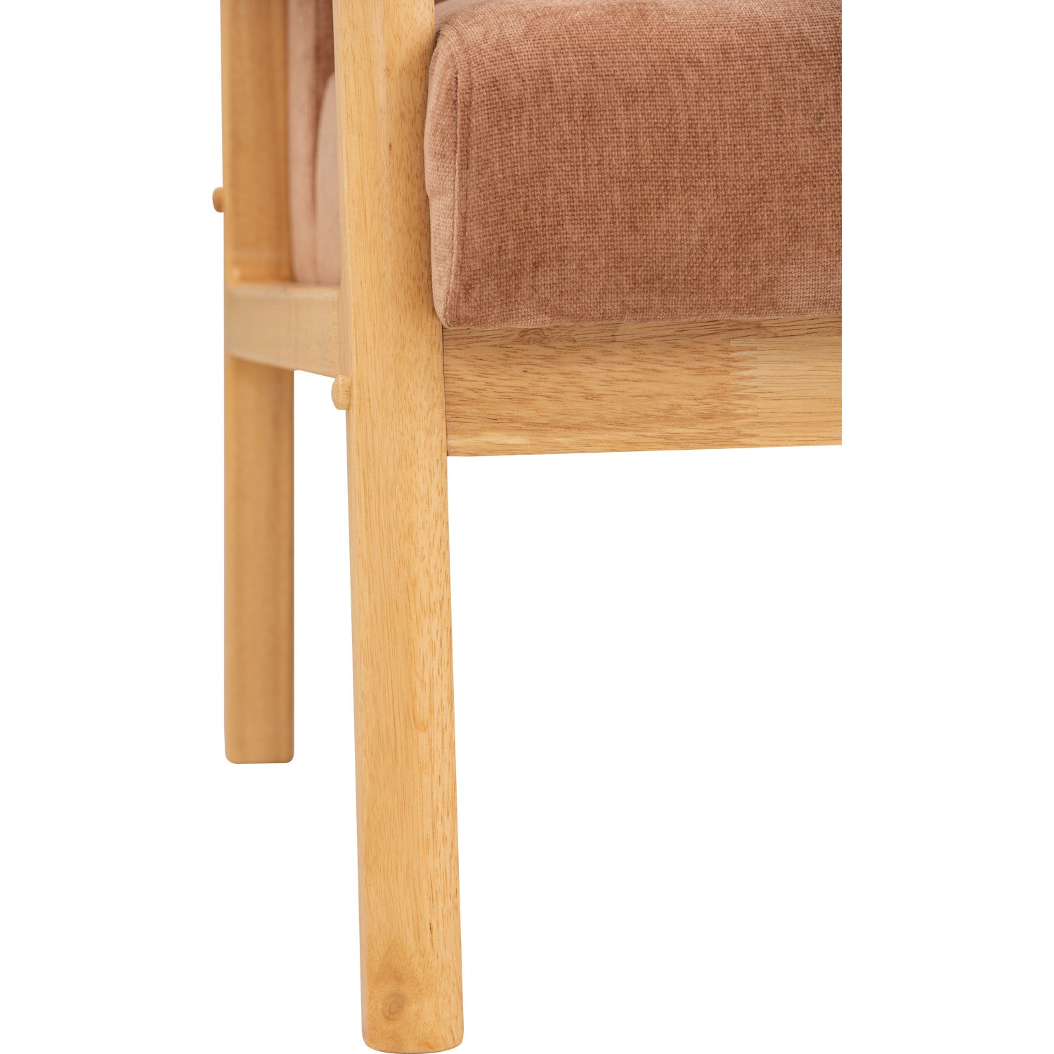 Close-up of a wooden chair leg and upholstered seat cushion in a warm tan-brown fabric against a white background.