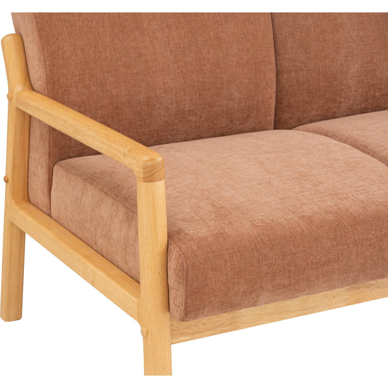 A close-up of a modern sofa with warm brown textured fabric upholstery and a light natural wood frame, shown against a plain white background.