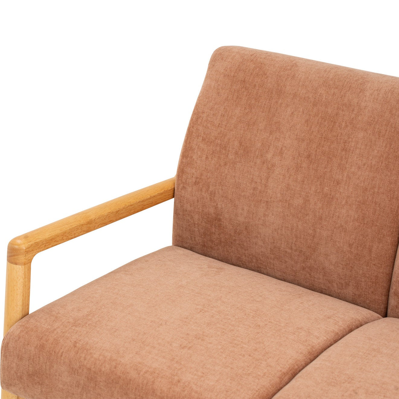 Close-up of a sofa or armchair with warm brown textured upholstery and a light natural wood armrest, shown against a plain white background.
