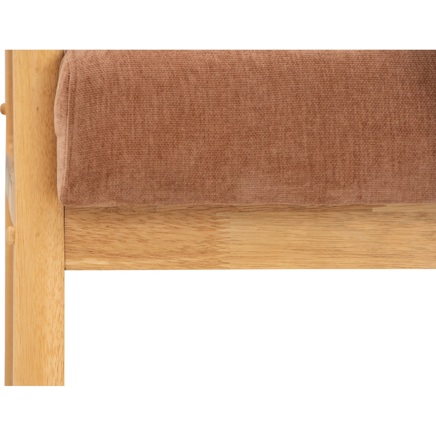 Close-up of a bed frame corner with a rust-brown upholstered headboard on a light natural wood base, shown against a white background.