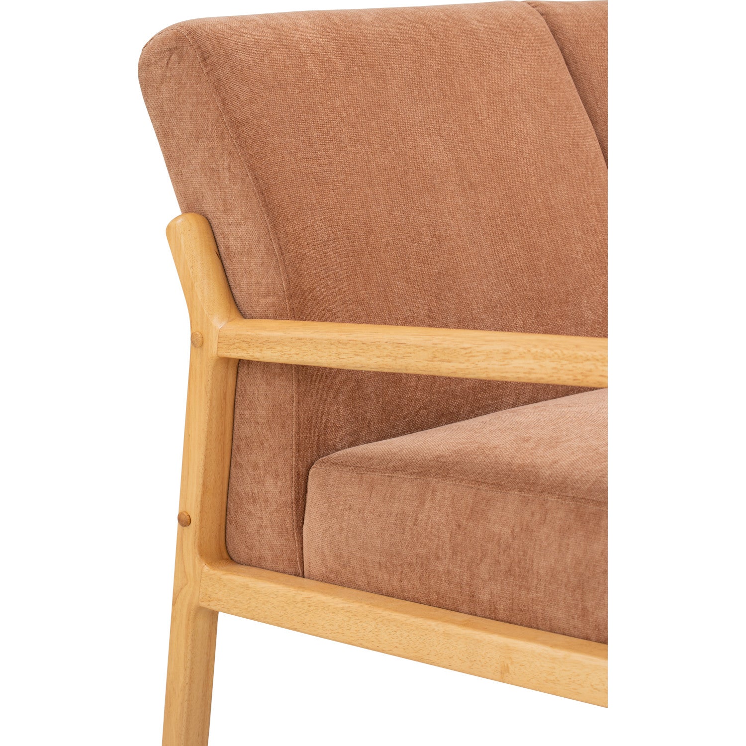 Close-up of a modern armchair showing the backrest, seat cushion, and light natural wood frame against a plain white background.