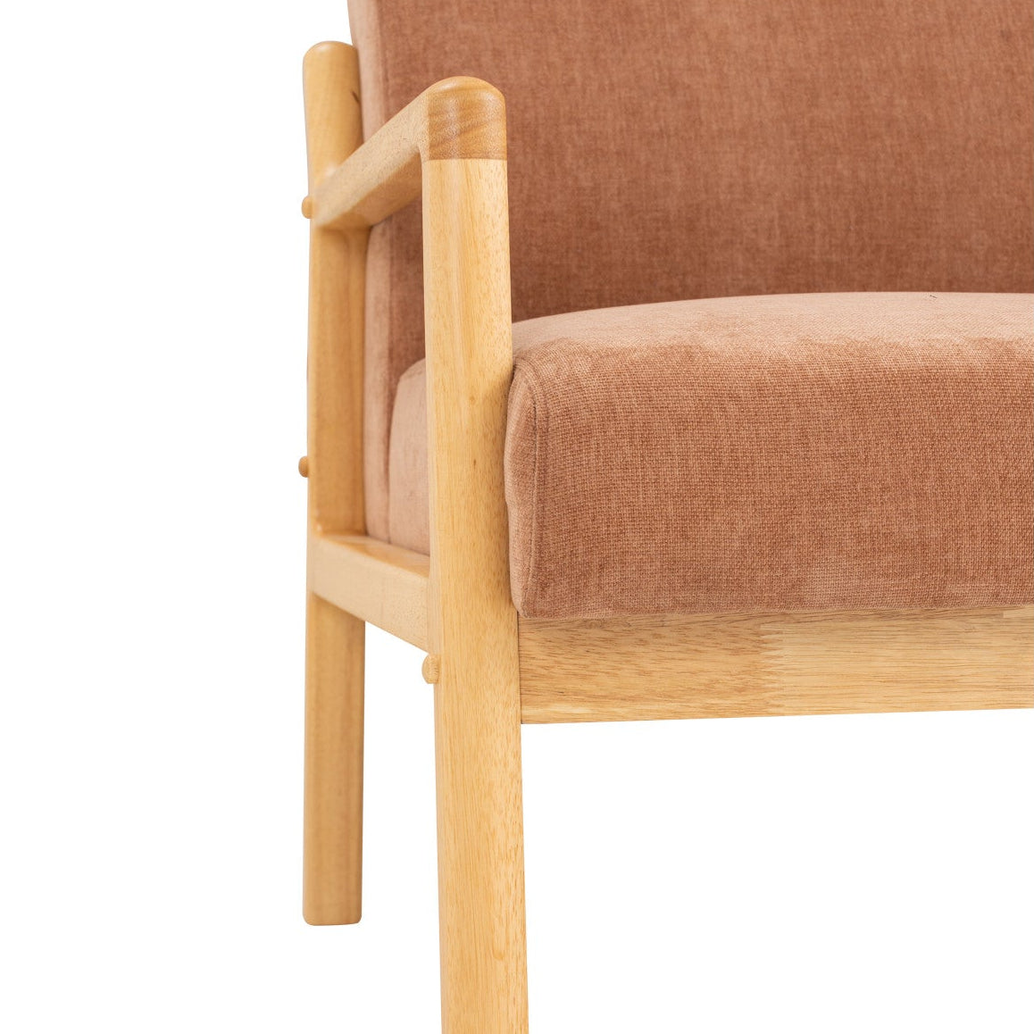 Close-up of a wooden armchair with a warm rust-orange upholstered seat and back, showing the light natural wood frame against a white background.