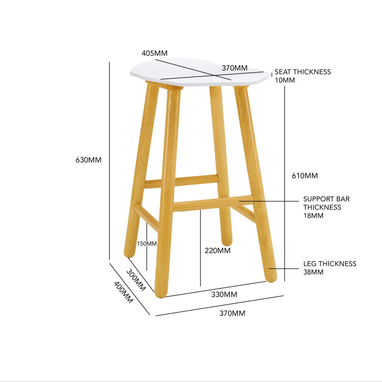 Measurement chart of a HETTY counter chair with dimensions labeled.