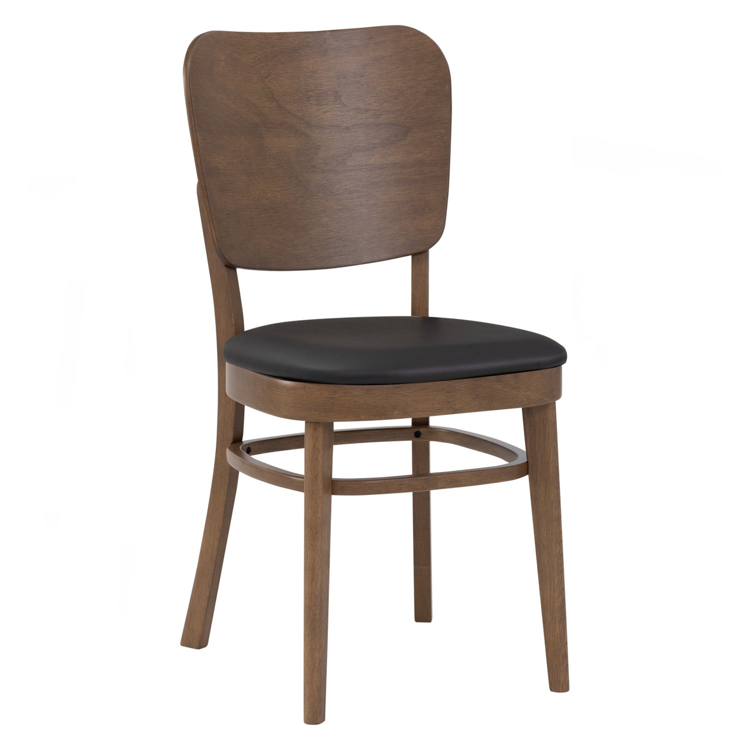 A modern dining chair with a medium brown wood frame, a curved backrest, and a black upholstered seat cushion, shown against a plain white background.