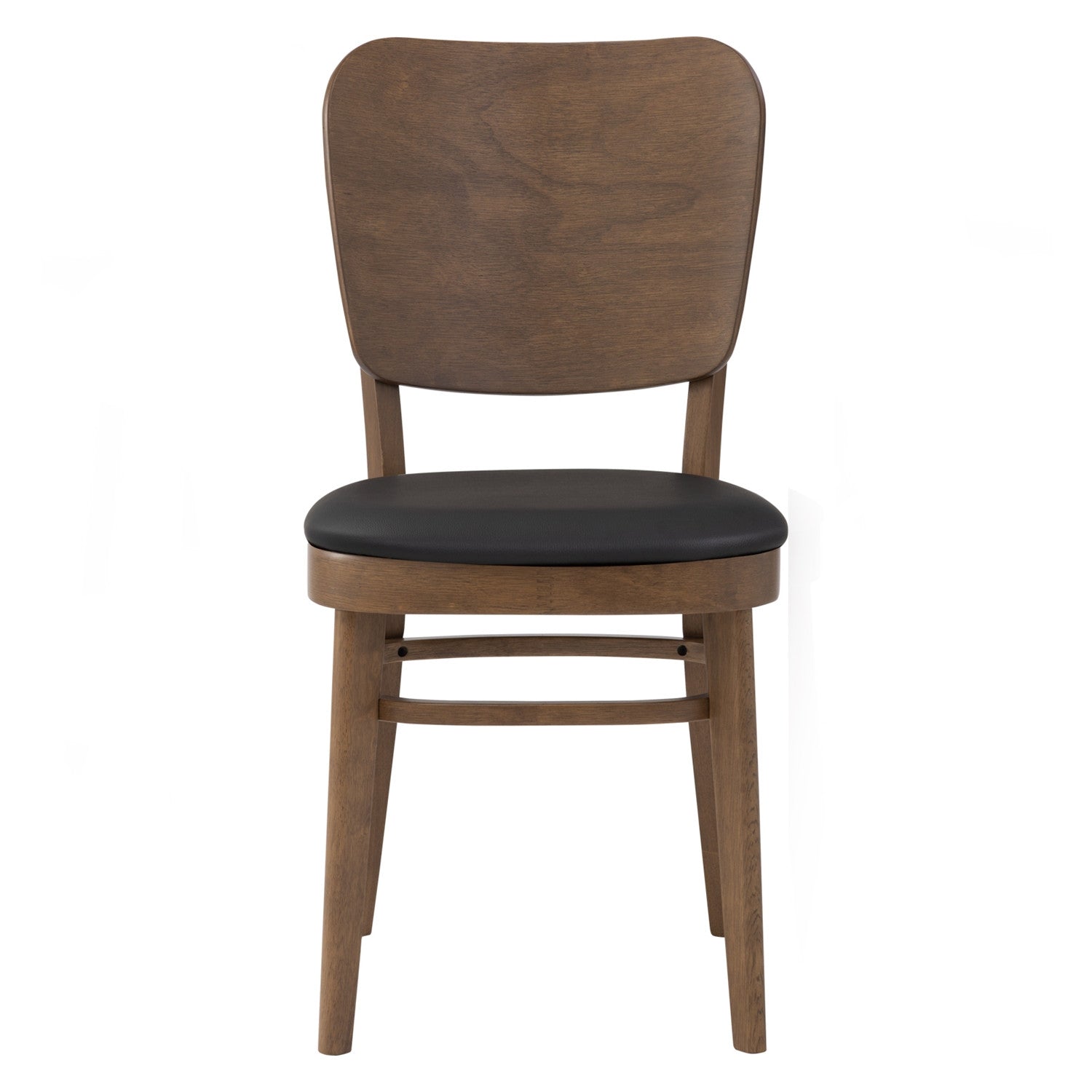 A wooden dining chair with a medium brown wood frame and a black upholstered seat cushion, shown against a plain white background.
