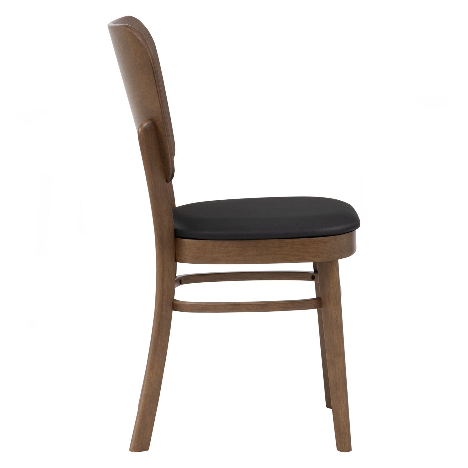 A wooden dining chair with a curved backrest, medium brown wood frame, and a black upholstered seat cushion, shown from a side profile on a white background.