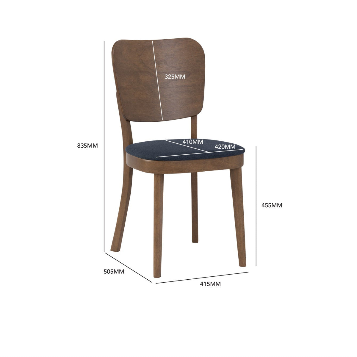 Beverly dining chair with wood frame and a dark upholstered seat cushion, shown with dimension labels and measurements on a white background.