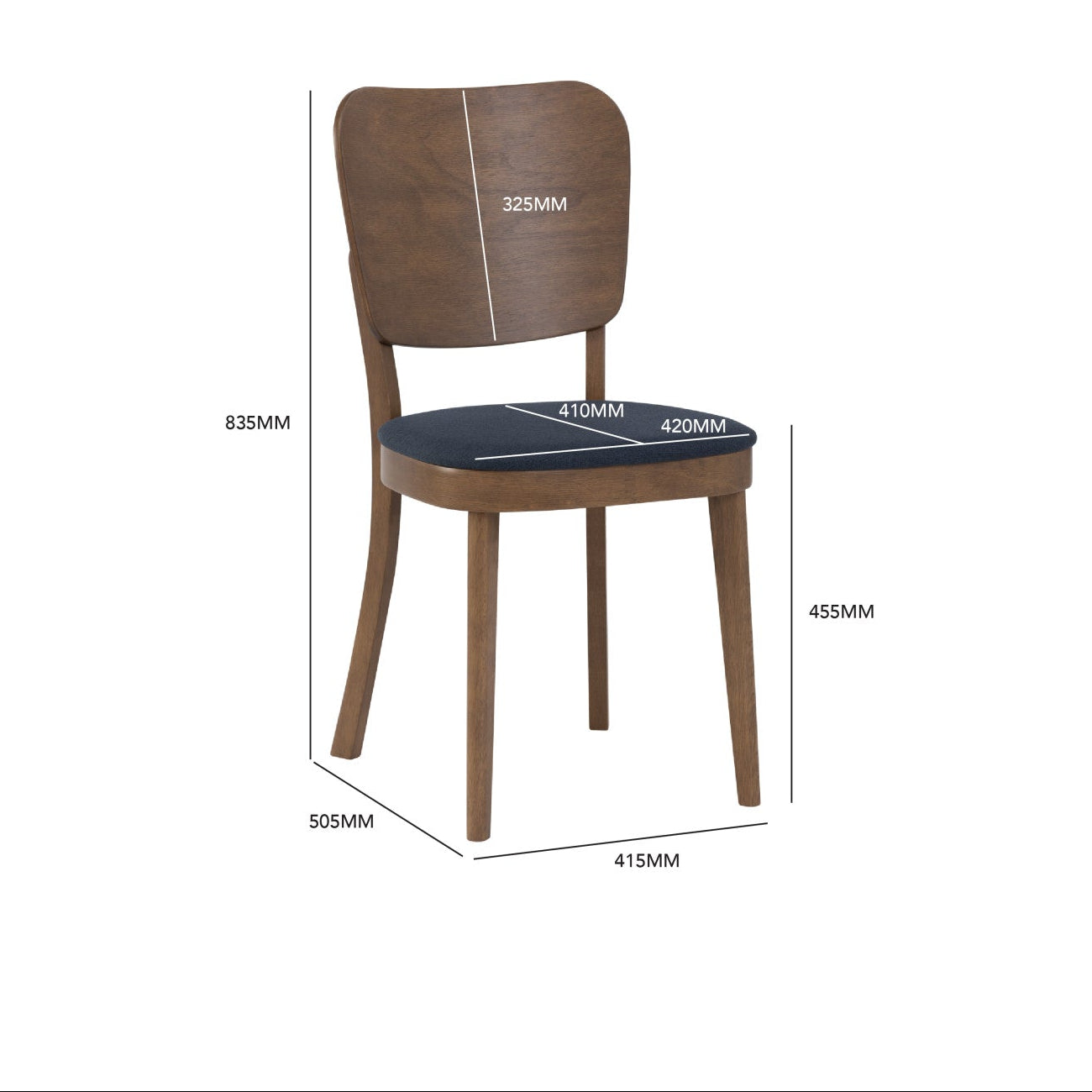 Beverly dining chair with wood frame and a dark upholstered seat cushion, shown with dimension labels and measurements on a white background.