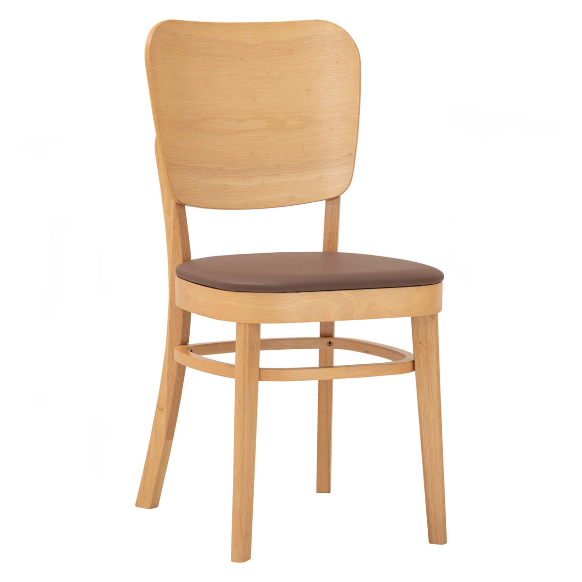 A light natural wood dining chair with a curved backrest, a brown upholstered seat cushion, and a circular front support rail, shown against a plain white background.