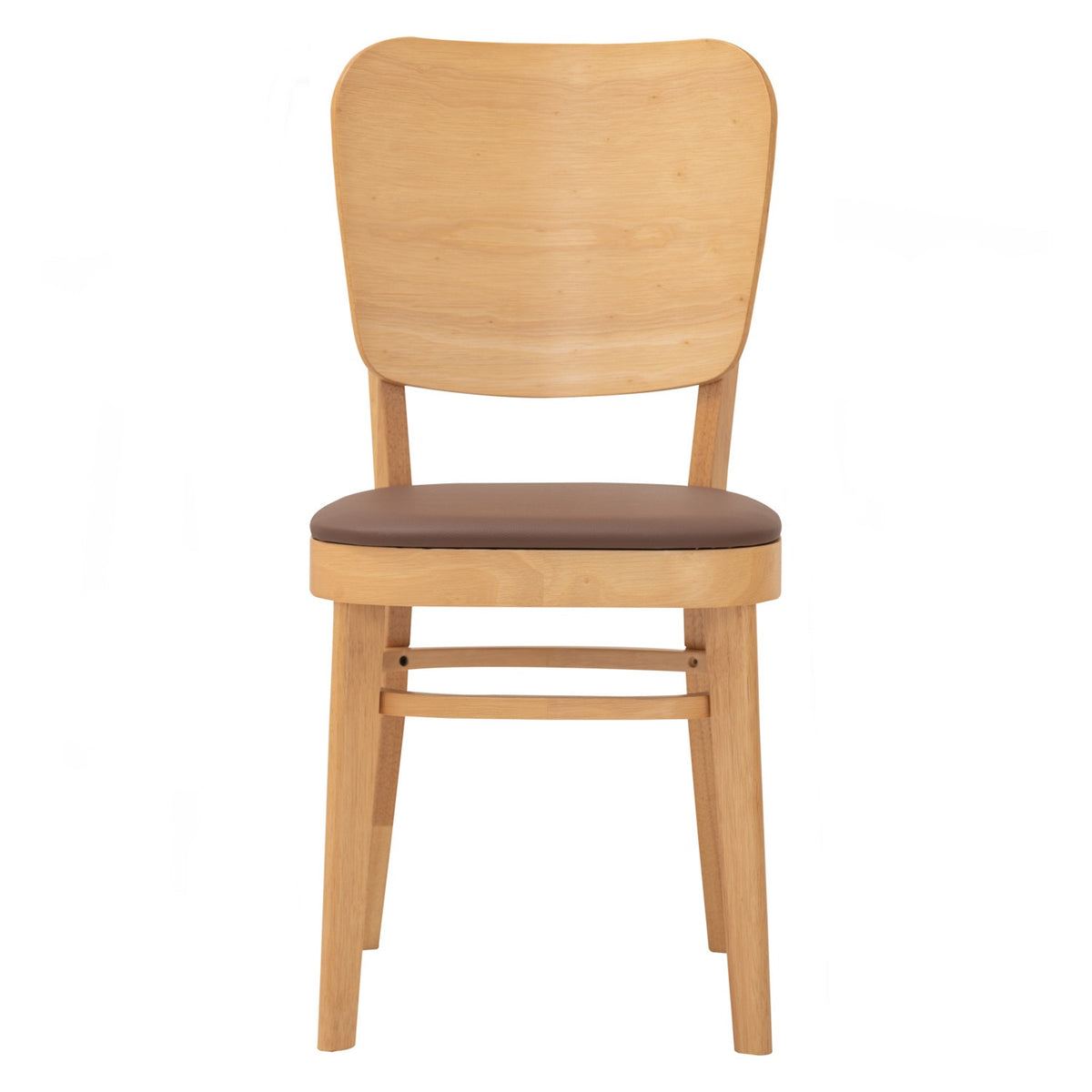 A light natural wood dining chair with a curved backrest and a brown upholstered seat cushion, shown from the front on a plain white background.