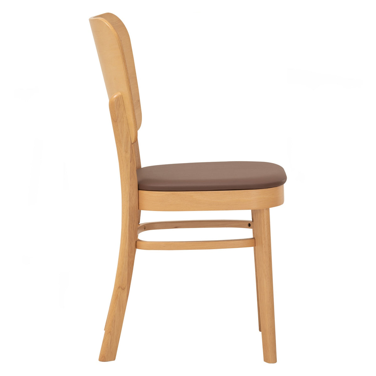 A light natural wood dining chair with a curved backrest and a brown upholstered seat cushion, shown from a side profile view against a plain white background.