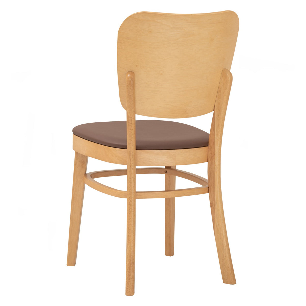 A modern dining chair with a light natural wood frame and a dark brown upholstered seat, shown from a three-quarter angle on a white background.