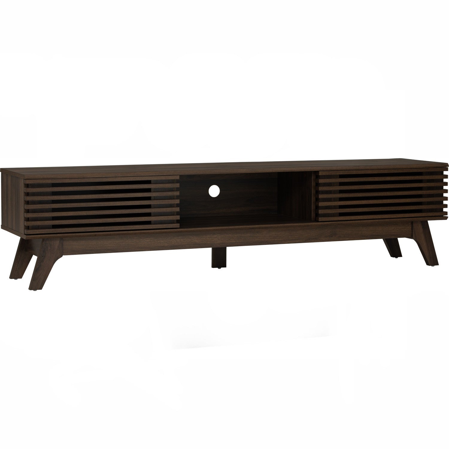 A modern dark brown wood TV stand with a slatted front design, open center shelf, and angled legs, shown against a plain white background.