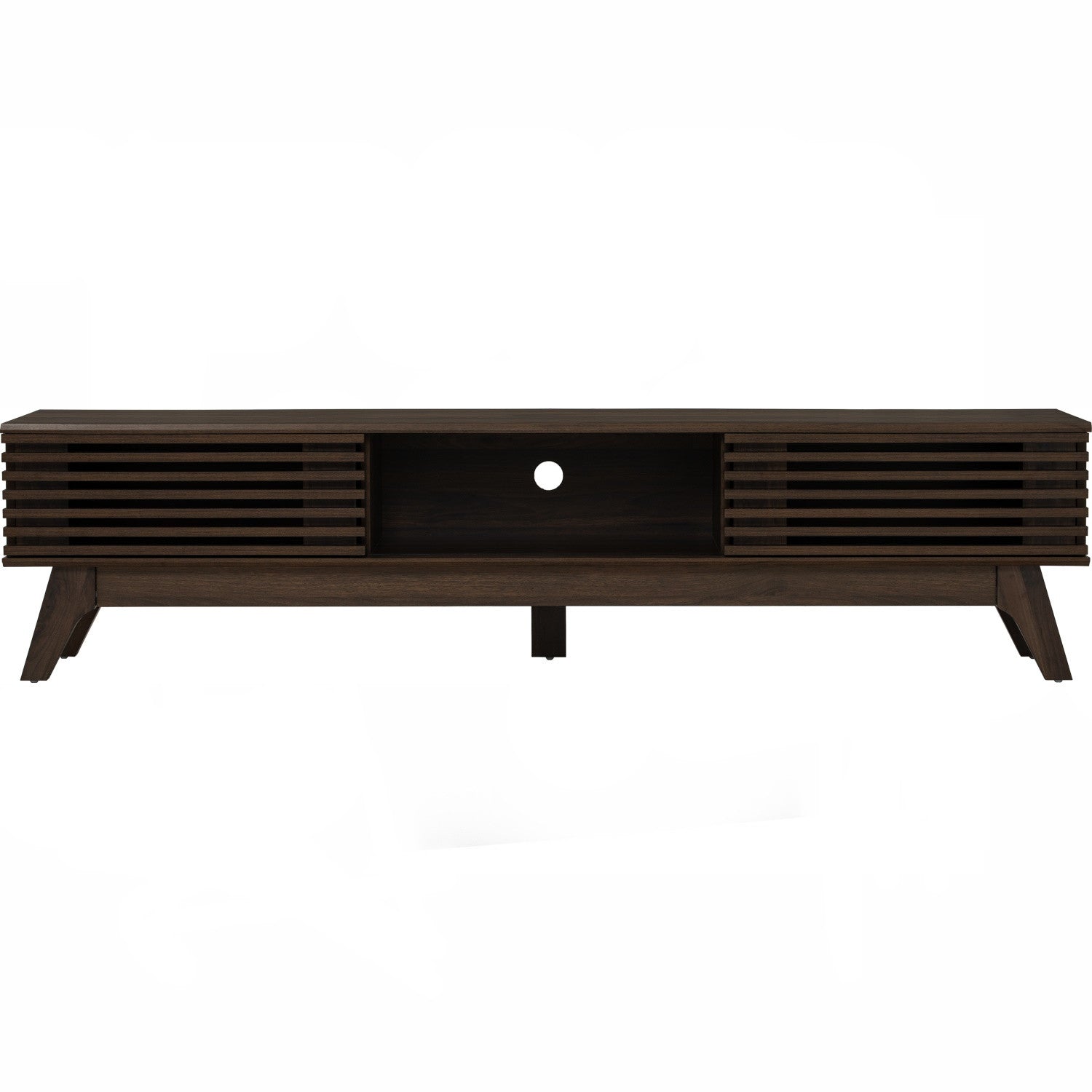 A modern dark brown wood TV stand with a central open shelf, a round hanging hole, and slatted side panels, shown against a plain white background.