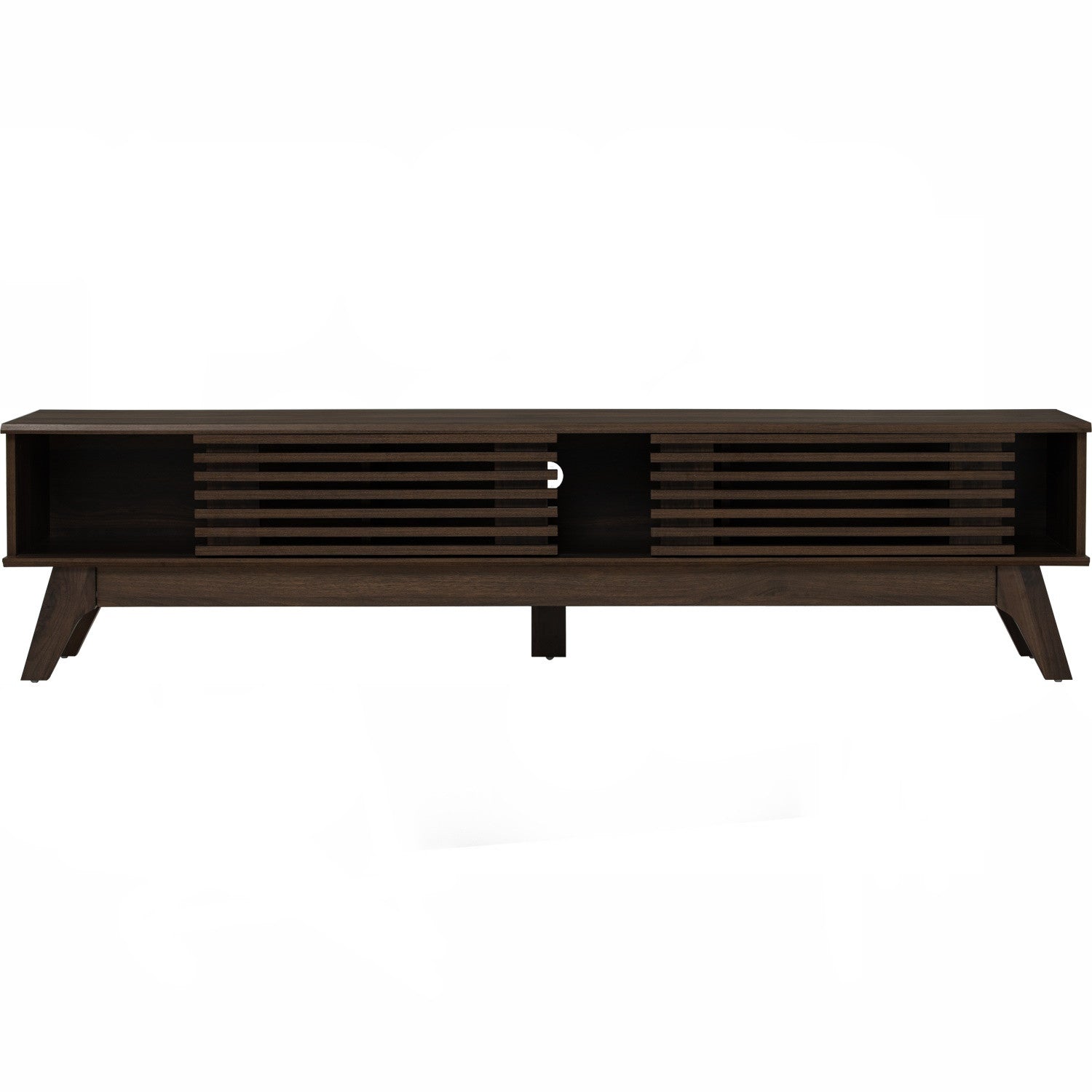 A modern dark brown wood TV stand with a central cabinet door and slatted side panels, shown against a plain white background.