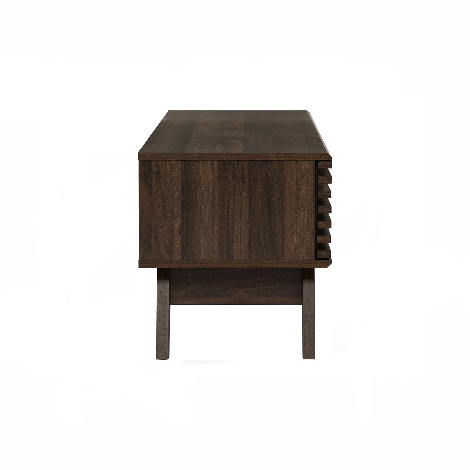 A mid-century modern wooden sideboard or cabinet with a dark walnut finish, featuring a slatted drawer front and tapered legs, shown from a front-three-quarter angle on a white background.
